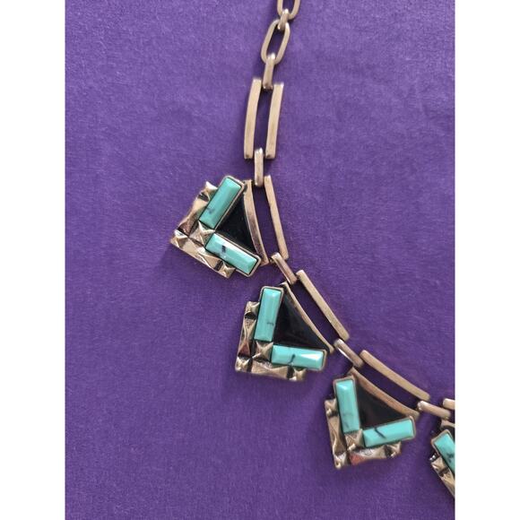 Egyptian Style Statement Necklace Gold Tone Brass Faux Turquoise Chevron Links - Picture 3 of 8